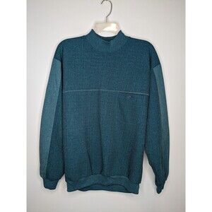 Vintage 80s Mens HUK-A-POO Waffle Knit Teal Blue Sweater Shirt L Inset Sleeve